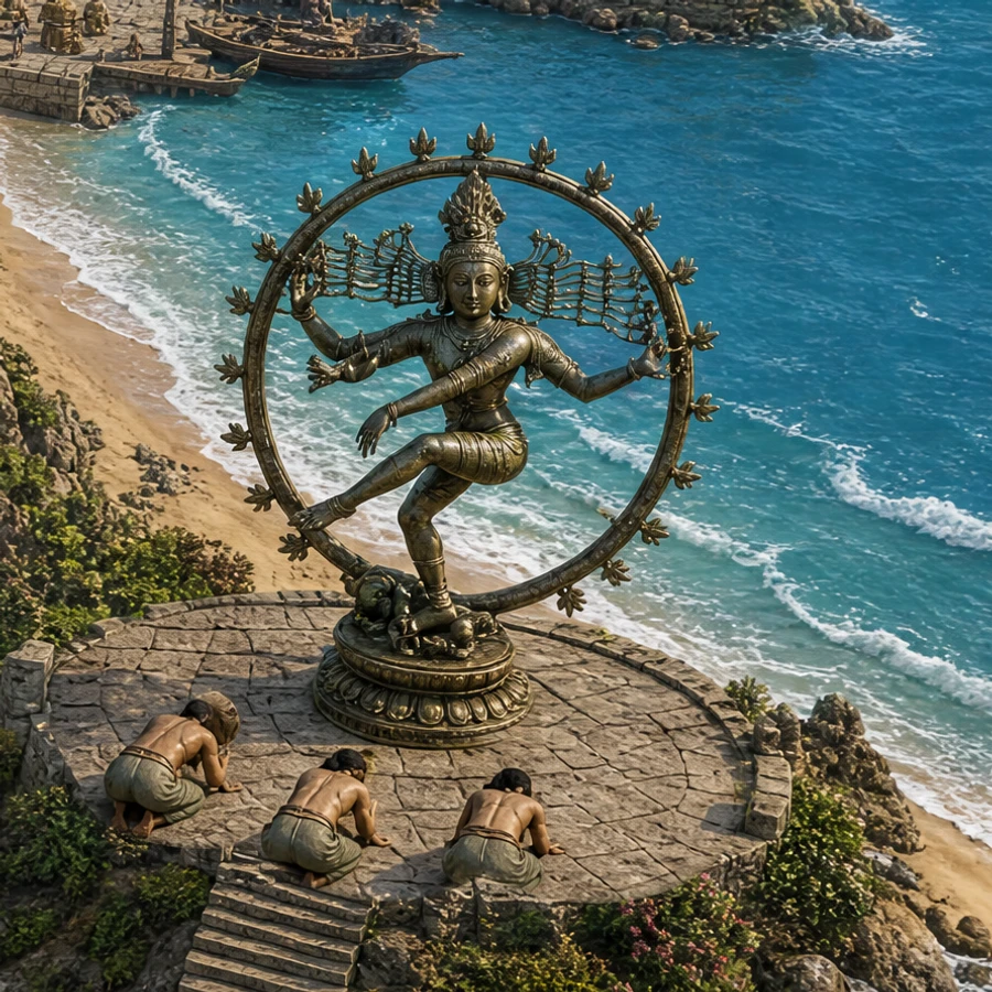 Recorte de Shiva Nataraja e dos três devotos diante do mar