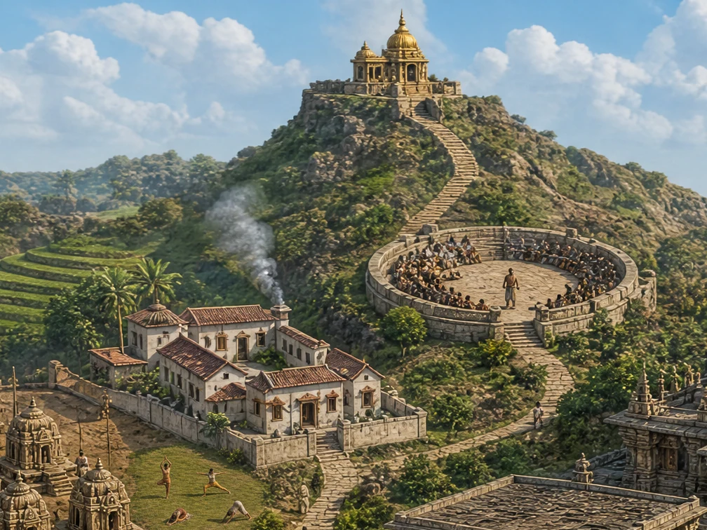 Recorte da trilha, arena e templo no alto da montanha